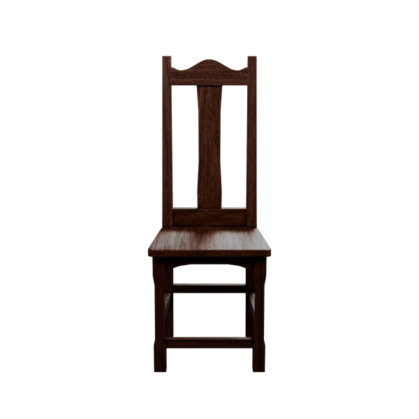 Antique chair 3D model, front view showing the shaped crown rail, back splat and seat