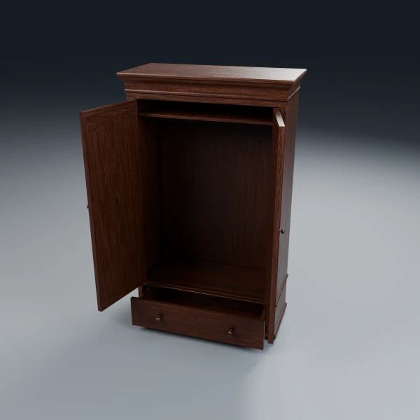 Antique wardrobe 3D model with both doors open and the drawer pulled out, showing the modeled interior