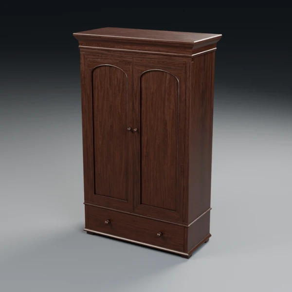 Antique mahogany wardrobe 3D model in Blender, closed, with arched door panels and a drawer