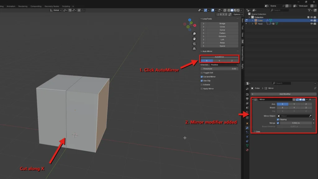 Cube cut in half by Auto Mirror in Blender, with a Mirror modifier added in the Properties panel