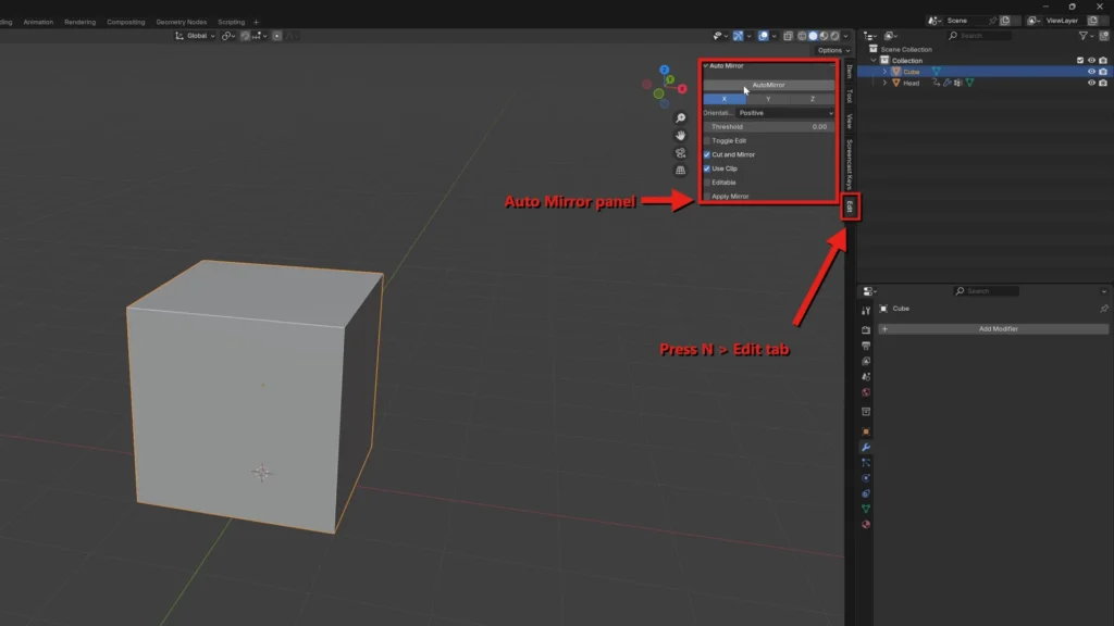 Auto Mirror panel in the Edit tab of the Blender sidebar, showing its options