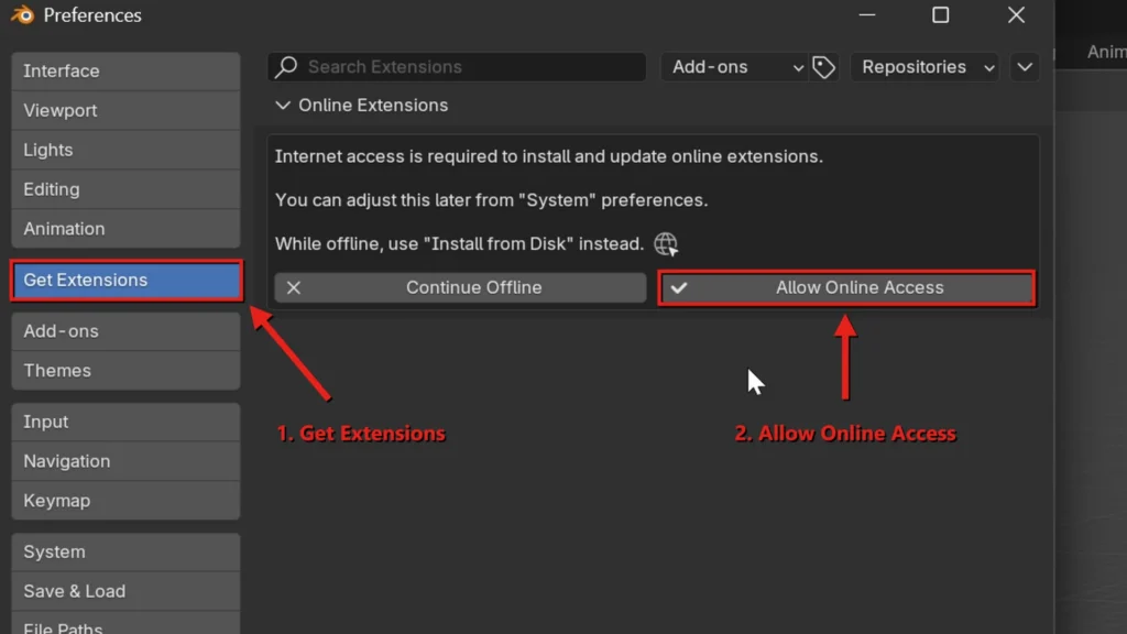 Blender Preferences with Get Extensions selected and the Allow Online Access button highlighted