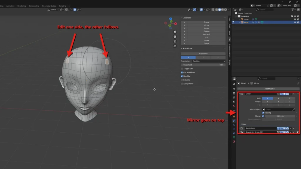 Character head with a Mirror modifier from Auto Mirror, edits on one side mirrored to the other