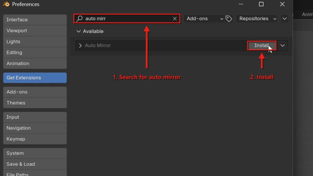 Searching for auto mirror in Blender Get Extensions and clicking Install