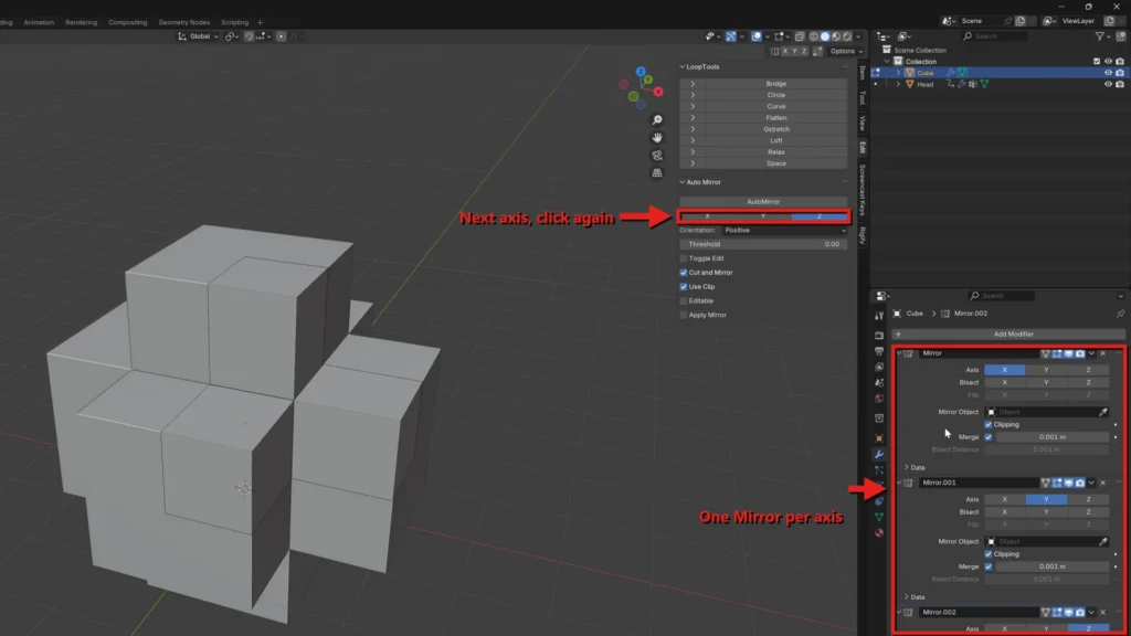 Cube mirrored on the X, Y and Z axes with three Mirror modifiers in Blender