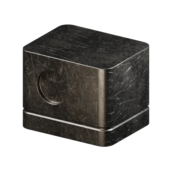 Damaged dark steel material in Blender on a sample block, default settings with scratches, patina and worn edges