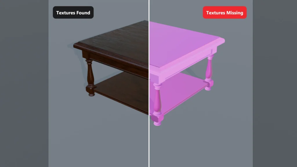 Victorian Table in Blender with textures found on the left and missing pink textures on the right