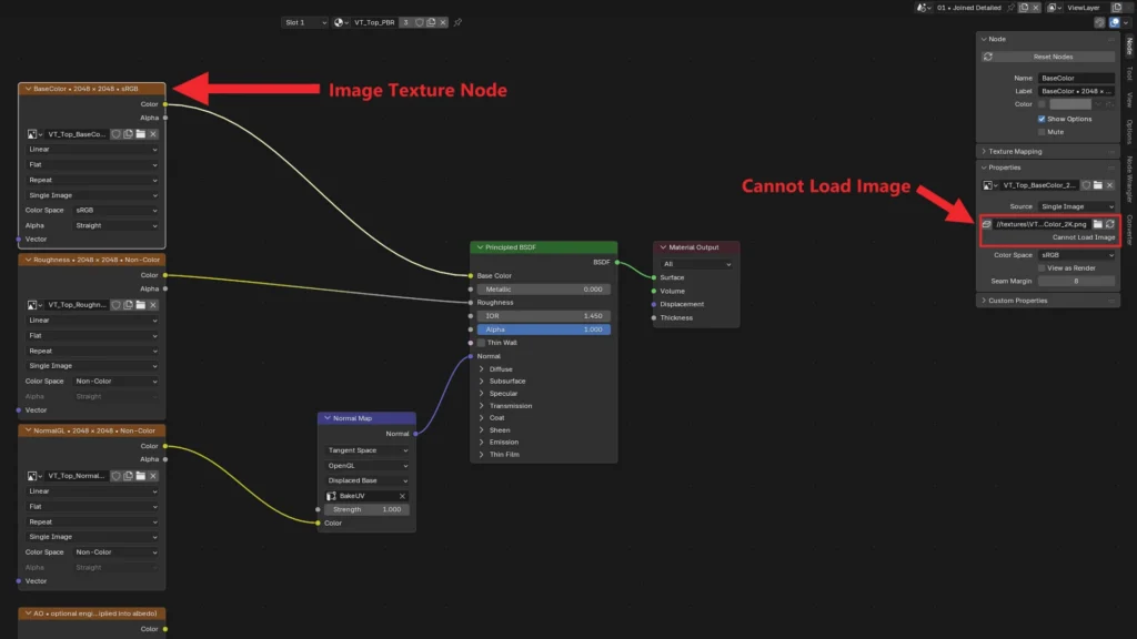 Image Texture node with Cannot Load Image shown in the Node tab of the Shader Editor sidebar
