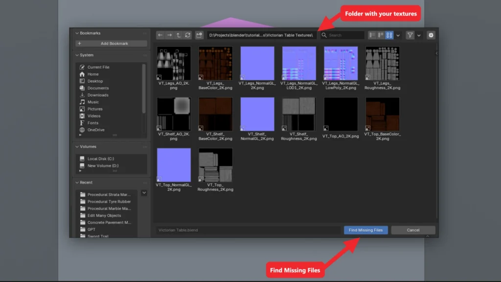 Blender file browser showing the textures folder and the Find Missing Files button