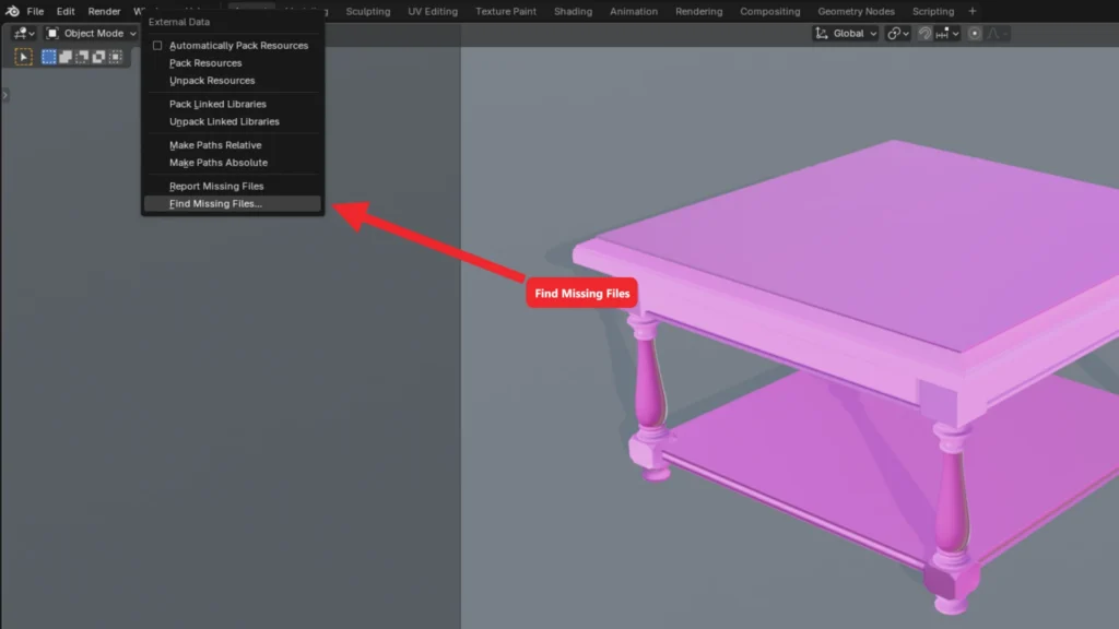 File > External Data menu in Blender with Find Missing Files highlighted
