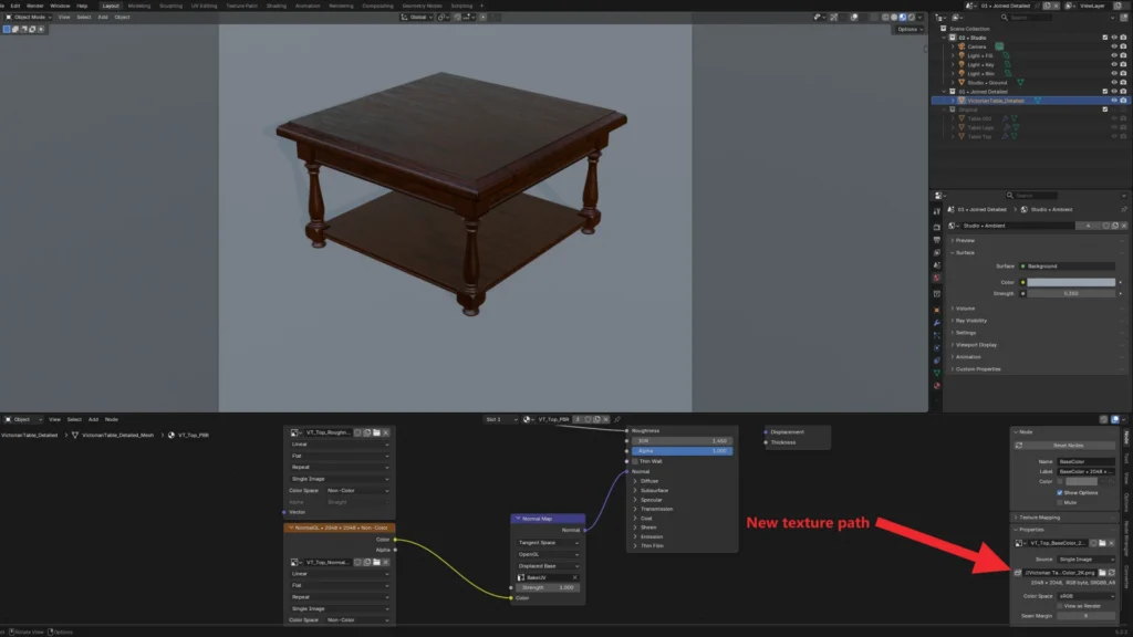 Victorian Table with its textures back and the new texture path in the Node tab