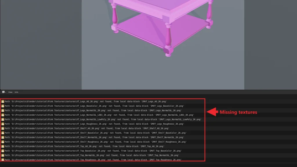 Blender Info editor listing the missing texture paths
