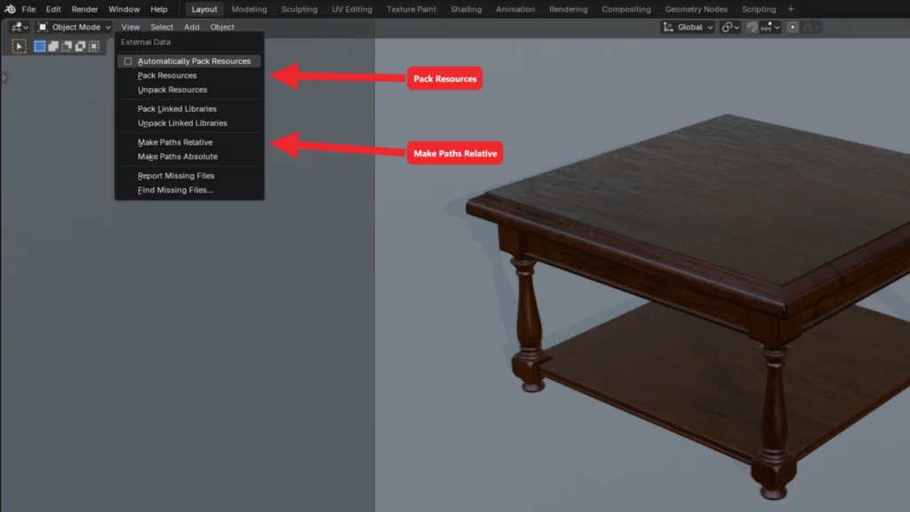 File > External Data menu with Pack Resources and Make Paths Relative highlighted