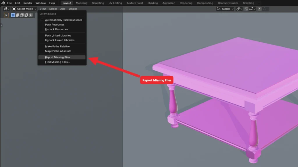 File > External Data menu in Blender with Report Missing Files highlighted