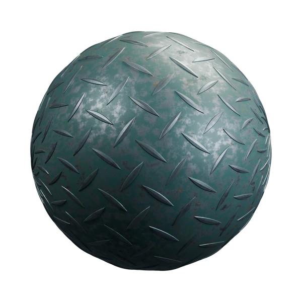 Procedural diamond plate material in Blender, green Painted Wear preset with worn rib crowns on a sample sphere