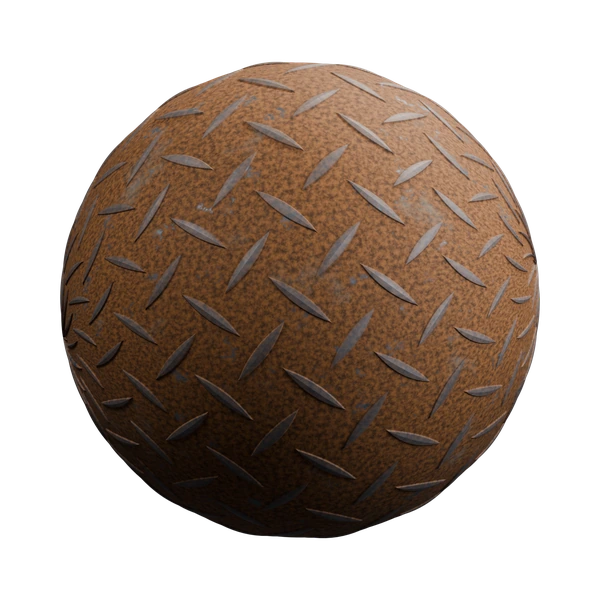 Procedural diamond plate material in Blender, Rusted Steel preset with brown corrosion on a sample sphere
