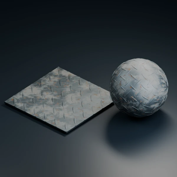 Procedural diamond plate studio scene in Blender, weathered steel panel and sphere