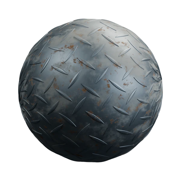 Procedural diamond plate material in Blender, Weathered Steel preset on a sample sphere with raised treads and light rust
