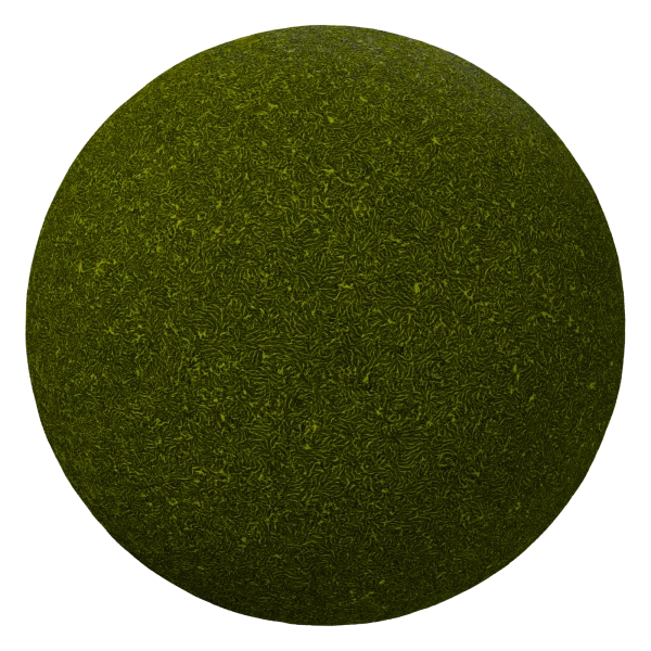 Procedural moss material in Blender on a sample sphere, dense curly yellow-green moss