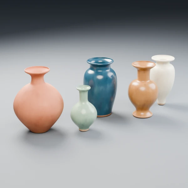 Ceramic vase collection 3D models: five vases in terracotta, celadon, ink-blue, amber and white stoneware finishes